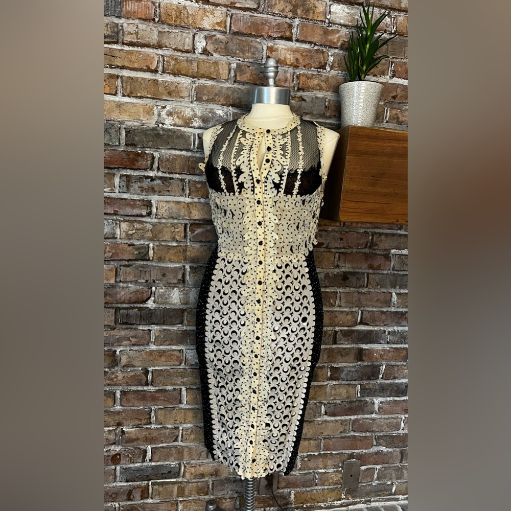Anthropologie Beguile Byron Lars Laser Cut Midi Black Cream Sheath Dress ~ Sz 6 - Picture 5 of 16